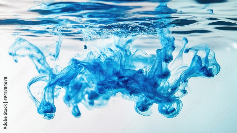 Poster blue ink dropping into clear water, creating swirling patterns and abstract shapes -