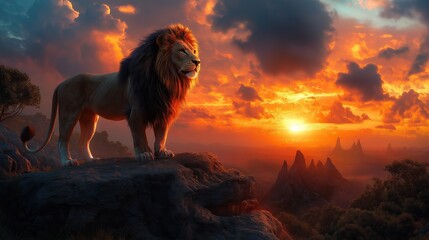 Lion on rocky cliff at sunset, with dramatic sky and mountain landscape in the background