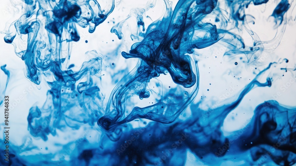 Poster blue ink dropping into clear water, creating swirling patterns and abstract shapes -