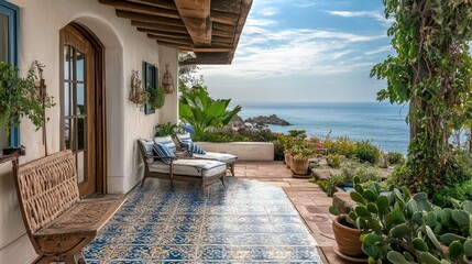 Fototapeta premium Charming coastal European beach house with a tiled copy floor and scenic ocean views.