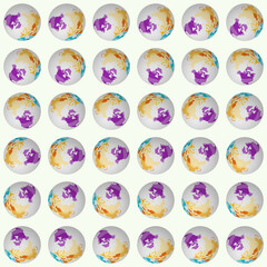 Collection of globes. North pole sphere view. Rotation step 10 degrees. Colored countries style. World map with graticule lines on light background. Outstanding vector illustration.