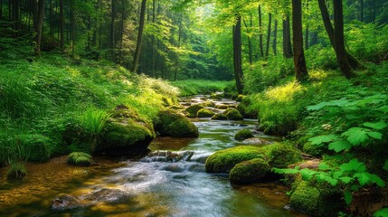 Fototapeta premium A crystal-clear stream winding through lush greenery in the Black Forest, Germany, with ample copy space in the foreground