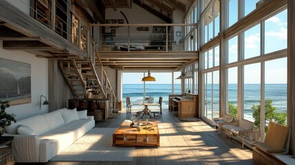 Fototapeta premium Charming European beach house with spacious copy floor, overlooking a serene coastline. Rustic wooden architecture.