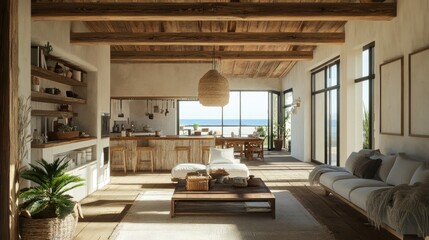 Charming European beach house with spacious copy floor, overlooking a serene coastline. Rustic wooden architecture.