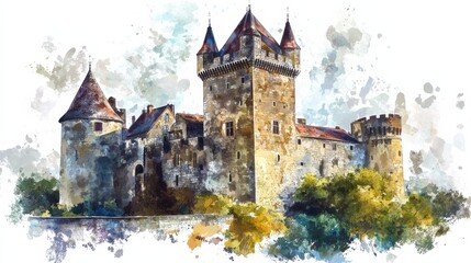Fototapeta premium Watercolor Illustration of a Medieval Castle.