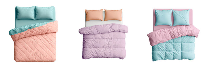 A quilted duvet cover set in pastel colors home bedding photorealistic soft and cozy isolated on white and transparent background