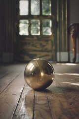 A single shiny ball sits on a wooden floor, great for business or creative projects