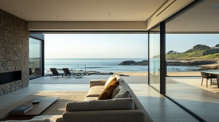 Fototapeta premium Contemporary beach house in Europe with a wide copy floor and direct access to a private beach.