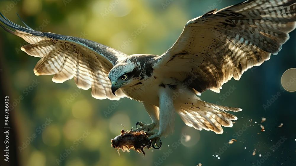 Poster close-up of a bird catching prey in flight, with sharp focus on the bird and its environment