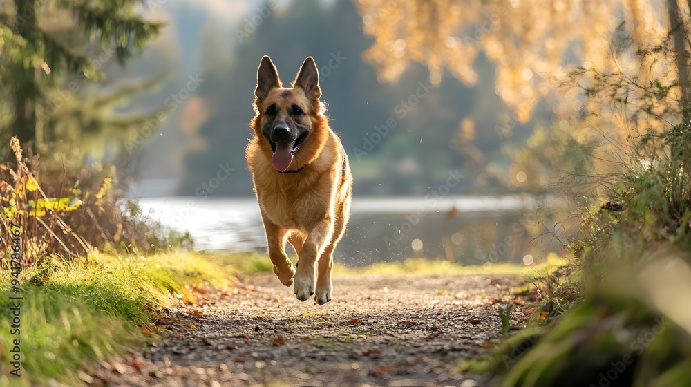 Poster a german shepherd dog running enthusiastically along a scenic lakeside path with ample copy space fo