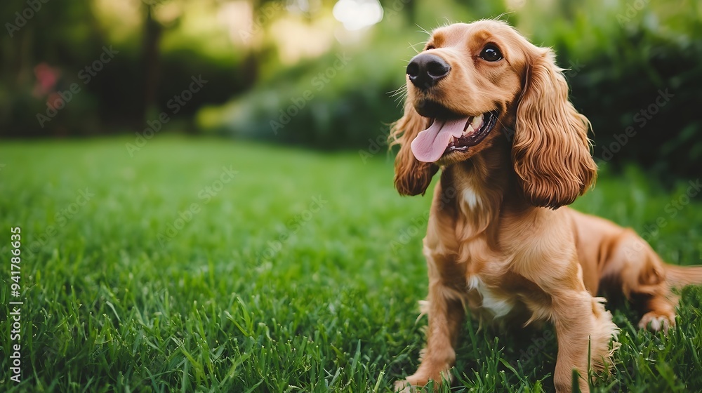 Poster cheerful cocker spaniel puppy sitting happily on lush green lawn with ample copyspace for text or de