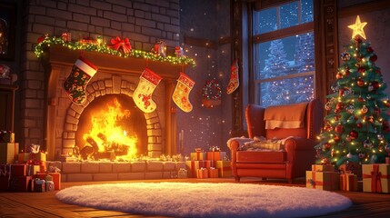 Cozy Christmas Claymation Living Room Background with Stockings by the Fireplace | Blank Text Space | Ultra Clear Cartoon Animation