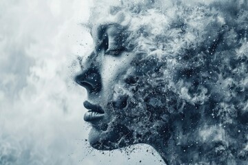 Ethereal Female Portrait Blending with Smoke and Particles, Surreal Creative Art