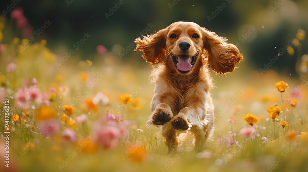 Poster adorable cocker spaniel puppy playfully running and bounding through a lush verdant field of colorfu