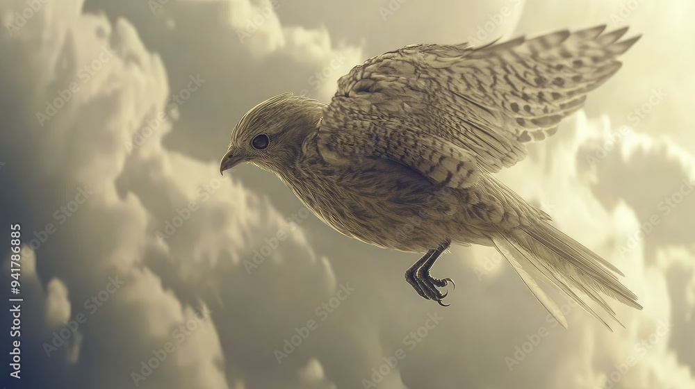 Poster close-up of a bird in mid-air, with detailed wing patterns and a backdrop of clouds