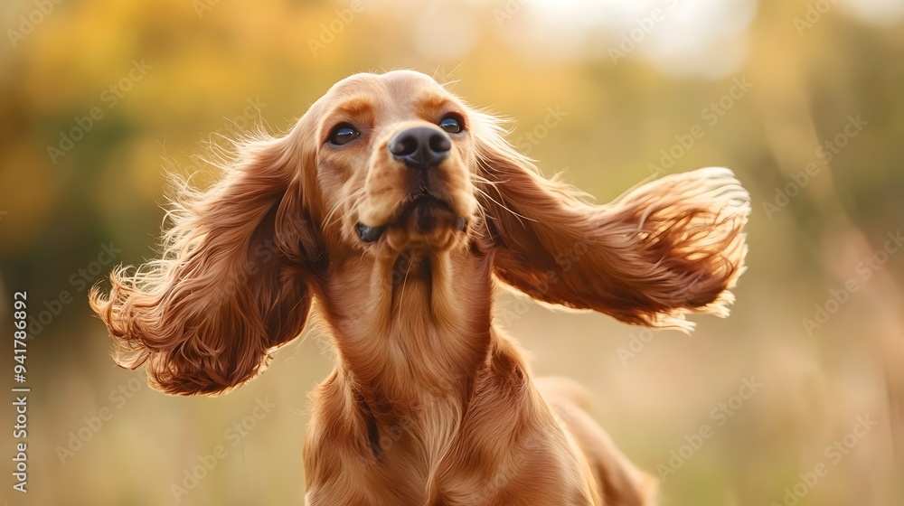 Poster energetic cocker spaniel with floppy ears blown by the wind in a scenic field with copy space for te