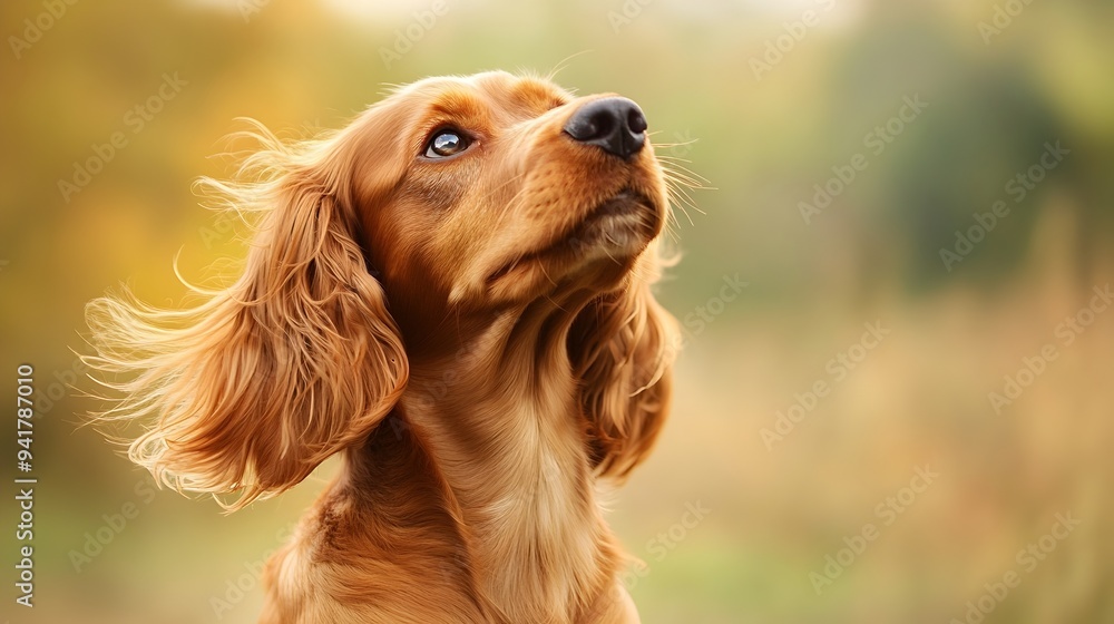 Poster adorable cocker spaniel with floppy ears blowing in the gentle wind surrounded by a serene textured 
