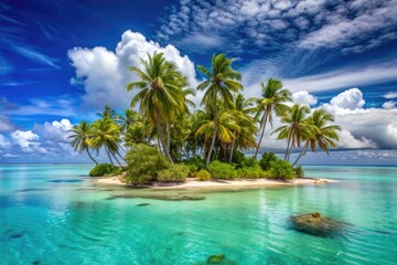 Island Escape: Remote, secluded, palm trees swaying, turquoise lagoons, tranquil