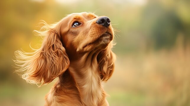Adorable Cocker Spaniel with Floppy Ears Blowing in the Gentle Wind Surrounded by a Serene Textured Landscape with Copy Space for Text or Design