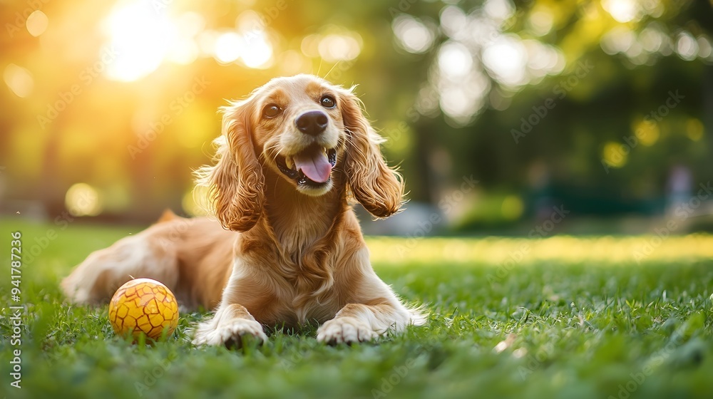 Poster energetic and playful cocker spaniel puppy joyfully fetching a ball in a lush sunny backyard setting