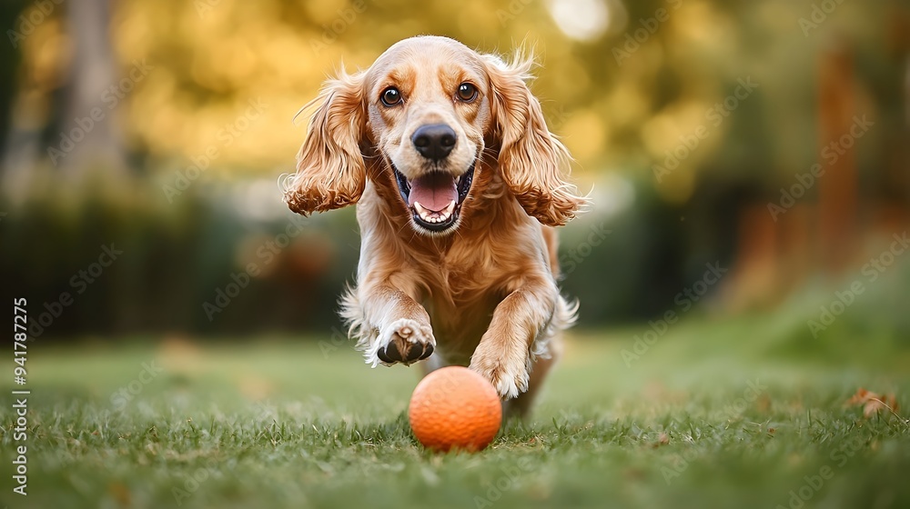 Poster cheerful cocker spaniel puppy happily playing and chasing after a ball in a lush backyard with ample