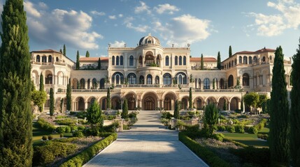 Grand European mansion with a luxurious copy floor, surrounded by manicured gardens and classical architecture.