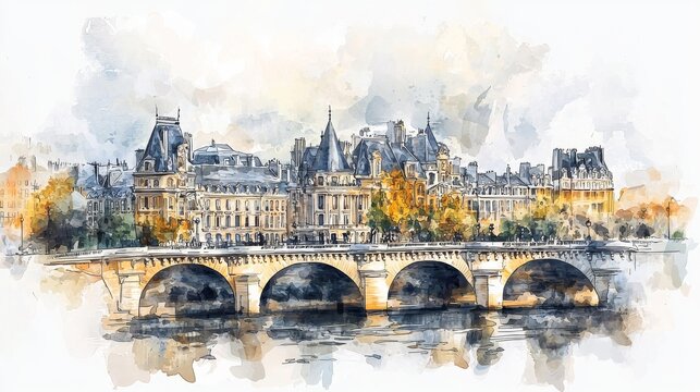 Watercolor Painting of a Bridge in Paris