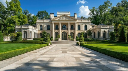 Fototapeta premium Grand European mansion with a luxurious copy floor, surrounded by manicured gardens and classical architecture.