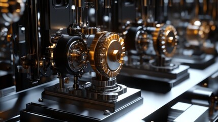 Closeup of Complex Industrial Machinery with Shiny Metal Parts.