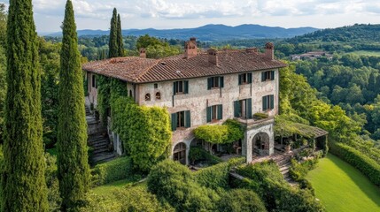 Historic European mansion with a spacious copy floor, nestled in the countryside with sweeping views.