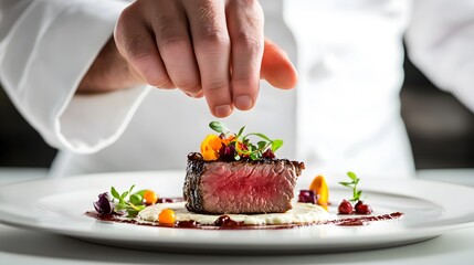 Chef&rsquo;s Hand Plating a Gourmet Dish: A chef's hand carefully arranging a gourmet dish on a plate, with vibrant food colors popping against a white background.
