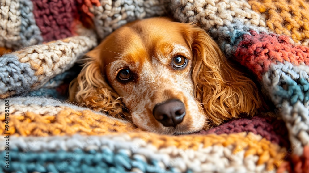 Poster cute and fluffy cocker spaniel puppy relaxing and resting comfortably on a soft and cozy blanket wit