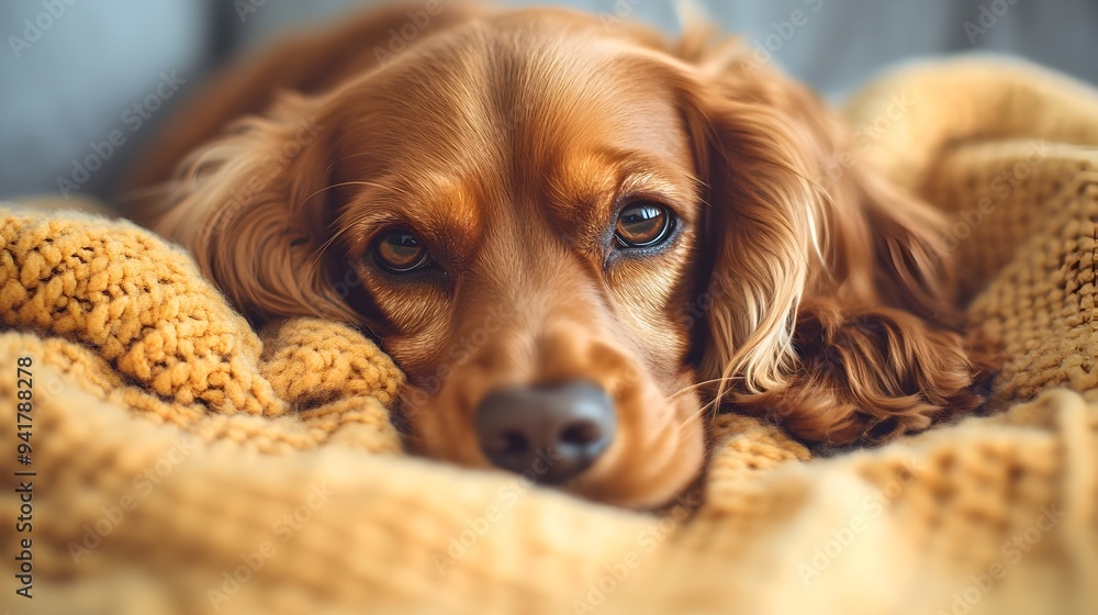Poster adorable cocker spaniel puppy resting peacefully on a soft cozy blanket with ample copy space for te