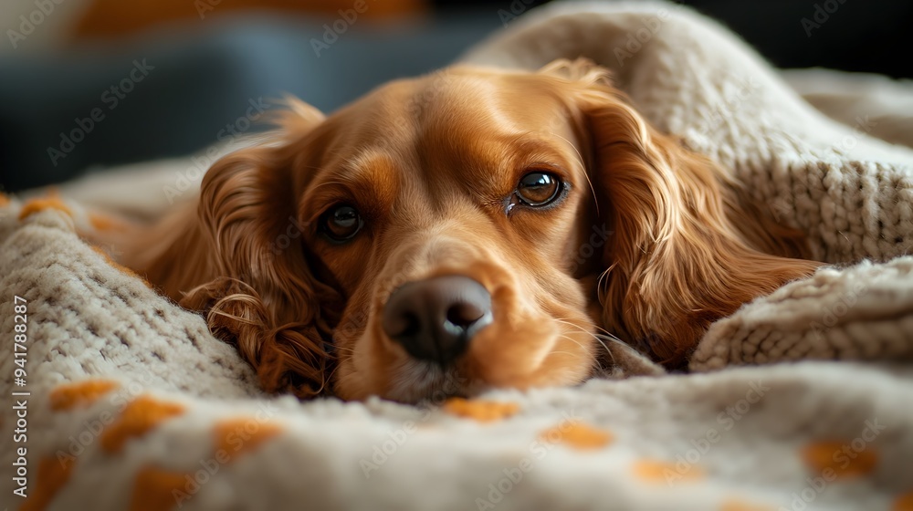 Poster a cocker spaniel dog resting comfortably on a soft plush blanket looking relaxed and content in a pe