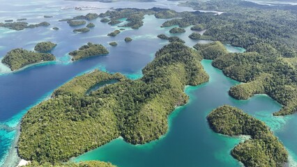 Aerial View of the Thousand Islands in the Togean National Park, Central Sulawesi, Indonesia. Similar to Piyanemo view in Raja Ampat. 