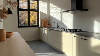 A minimalist kitchen with sleek white cabinets, black countertops, and a large window revealing a warm, golden light filtering in from outside.