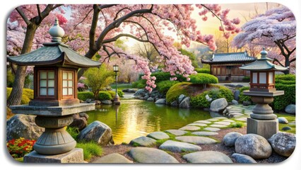 Fototapeta premium Japanese Garden Mousepad: Traditional, serene white mousepad with zen rocks, lanterns, and cherry blossoms; invites contemplation and tranquility.