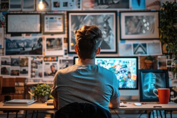 Creative Professional Focused on Desktop Computer in Artistic Office with Inspiration Wall