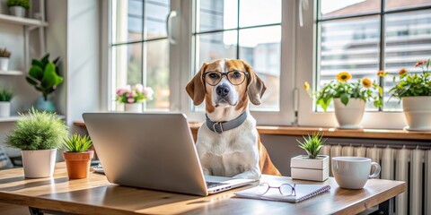 Beagle Wearing Glasses at a Desk with a Laptop and Coffee, dog , work from home , pet , office