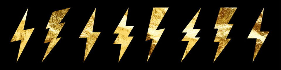 Golden lightning bolt icons collection. Gold foil texture. Flash symbol, thunderbolt. Simple lightning strike sign. Vector illustration