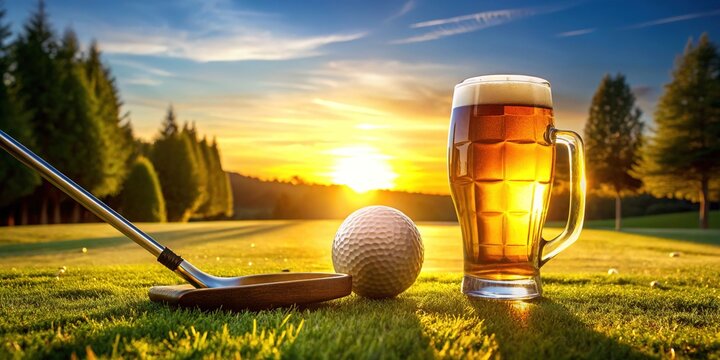 A refreshing pint of cold beer sits beside a golf club and ball on a sunny green, capturing the perfect blend of leisure and recreation.