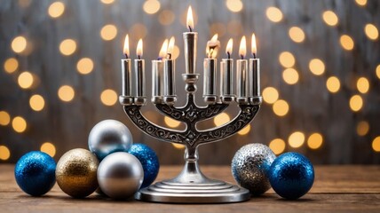 Silver menorah on wooden table, bokeh background, Hanukkah concept.