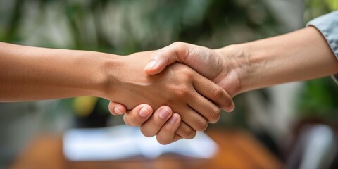 Two people shaking hands to symbolize agreement and cooperation in a collaborative setting