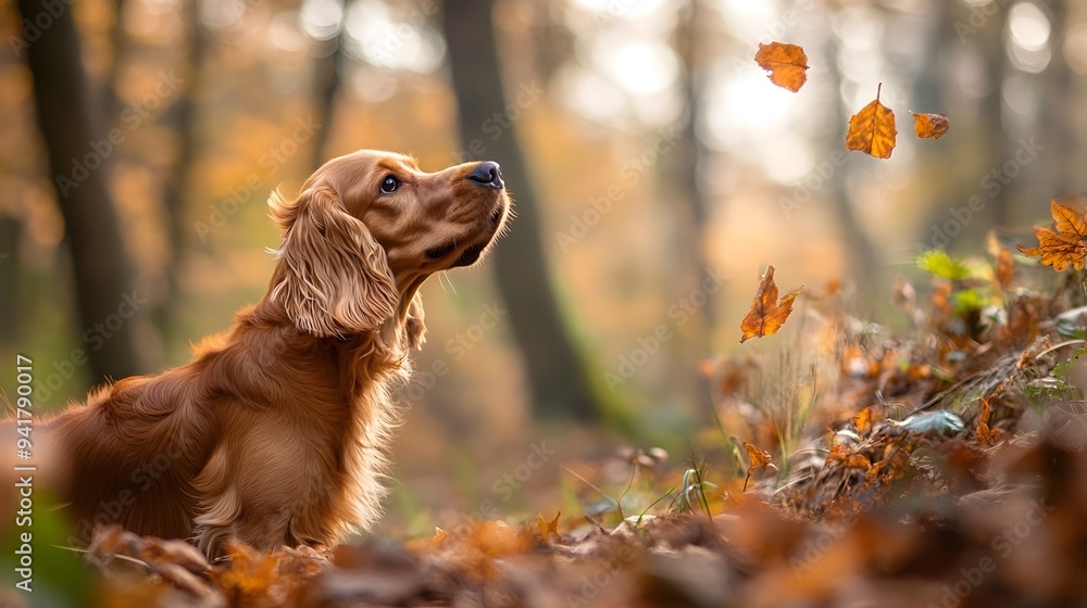 Poster Curious and Friendly Cocker Spaniel Dog Sniffing Around and Exploring the Peaceful and Lush Forested Woodland Scene with Ample Copy Space for Overlay