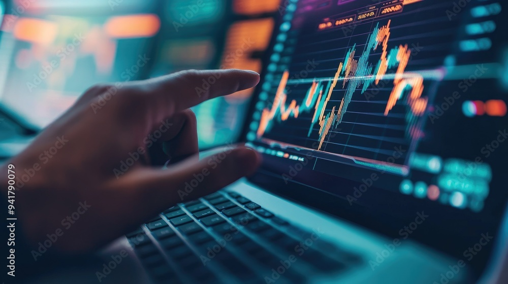 Poster close-up of a business analyst hand pointing to a financial graph with fluctuating data on a laptop 