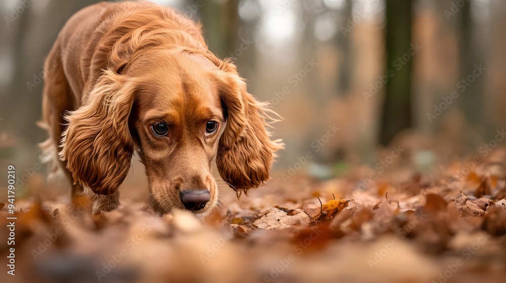 Poster a curious and friendly cocker spaniel dog sniffing around in the beautiful green woodland with plent