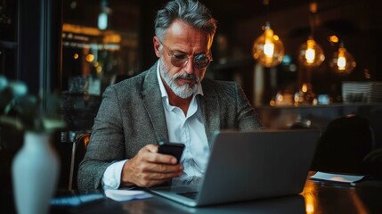 Fototapeta premium Businessman engaged in mobile communication while focused on laptop tasks, modern workspace, open layout, balance of technology and productivity in a professional environment