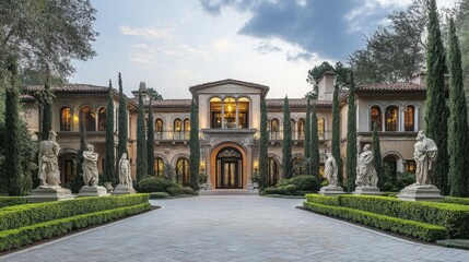 Fototapeta premium Opulent European mansion with a grandiose copy floor and a driveway lined with ancient statues.