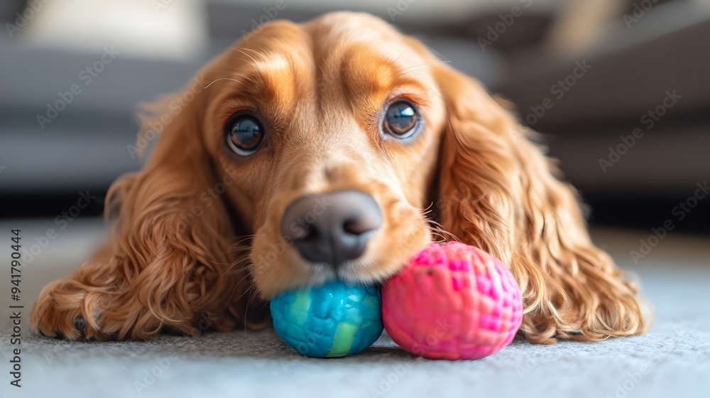 Poster adorable and energetic cocker spaniel puppy playing with a chew toy inside a cozy home setting with 