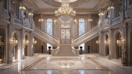 Obraz premium Palatial European mansion with a vast copy floor, adorned with chandeliers and intricate details.